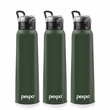 PEXPO Stainless Steel Sipper Water Bottle | 1000ml, Pack of 3, Military Green, Vertigo | Eco-Friendly Water Bottle Suitable For Adults & Kids