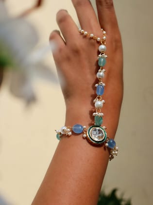 Aadhya Blue-Green Polki Hathphool-Multicolored