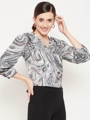 Grey Printed Crepe Wrap Top