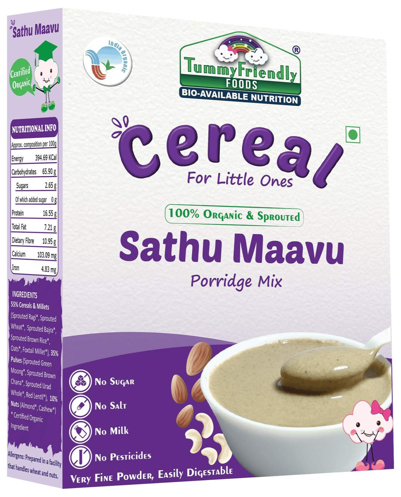 TummyFriendly Foods Certified Organic Sprouted Sathu Maavu Porridge Mix, Made of Sprouted Ragi, Whole Grains, Pulses & Nuts, Rich in Protein & Healthy-Fat For Baby Weight Gain, Cereal, 200 gm