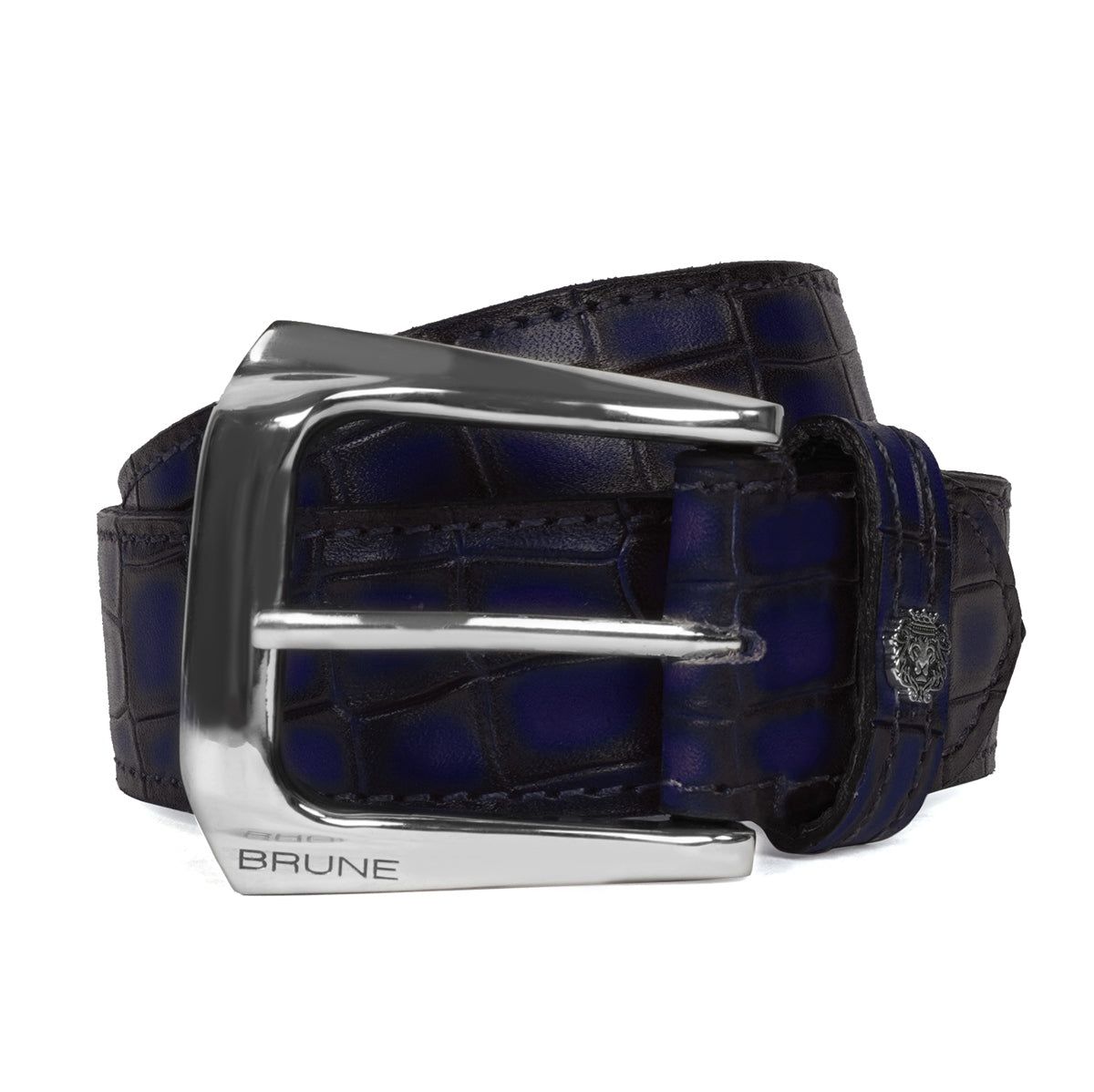 Smokey Blue Deep Cut Leather Belt Slant Shape Buckle With Metal Lion By Brune & Bareskin-32