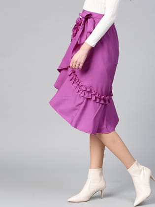 Women Purple Solid Knee-Length Overlap Ruffle Skirt