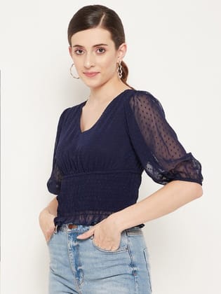 Women Navy Blue Smocked Dobby Cinched Waist Crop Top