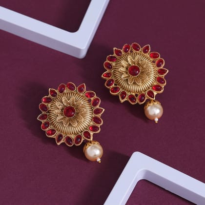 Rani Color Rajwadi Matte Gold Earrings (MGE310RNI)-Length: 5.00 CM x Width: 3.00 CM / Pink / Alloy With Good Quality Matte Gold Plated