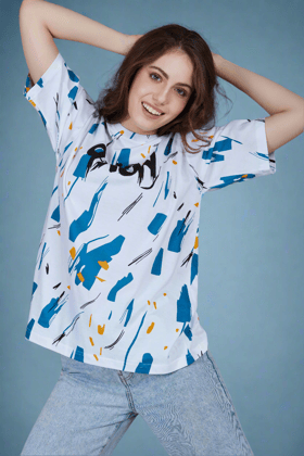 Oversized White Blue Drop Shoulder Stylish T shirts For Women Girls-S