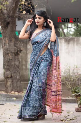 Handicrafts Women's Hand Block Bandhani Print Pure Soft Cotton Mulmul Saree Grey Multi Colour Zari Border with Blouse Piece-Grey