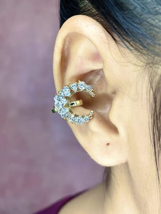 Crescent Moon Cubic Zirconia 18K Gold Anti Tarnish Single Ear Cuff Earring For Women-Gold