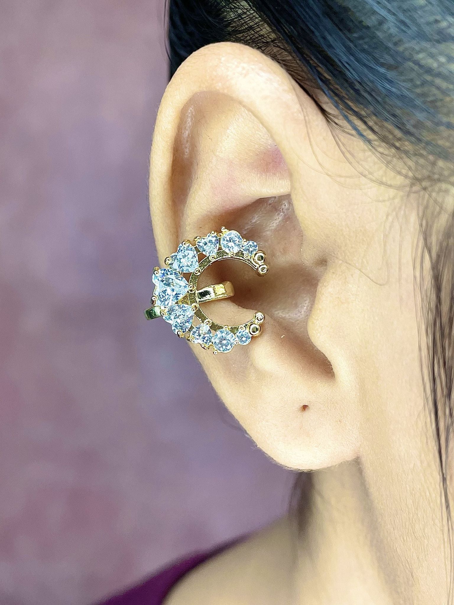 Crescent Moon Cubic Zirconia 18K Gold Anti Tarnish Single Ear Cuff Earring For Women-Gold