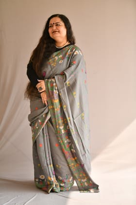 Ash Grey Chanderi Silk Hand Painted Floral Designer Saree