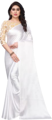 ANSH Womens Satin Solid Saree length (5.5m) & Blouse Piece Size (0.8m) (White)