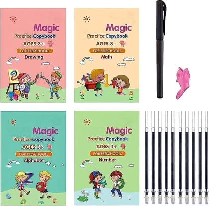 Sank Magic Practice Copybook, Number Tracing Book for Preschoolers with Pen, Magic Calligraphy Copybook Set Practical Reusable Writing Tool Simple Hand Lettering (4 BOOKS + 10 REFILL)