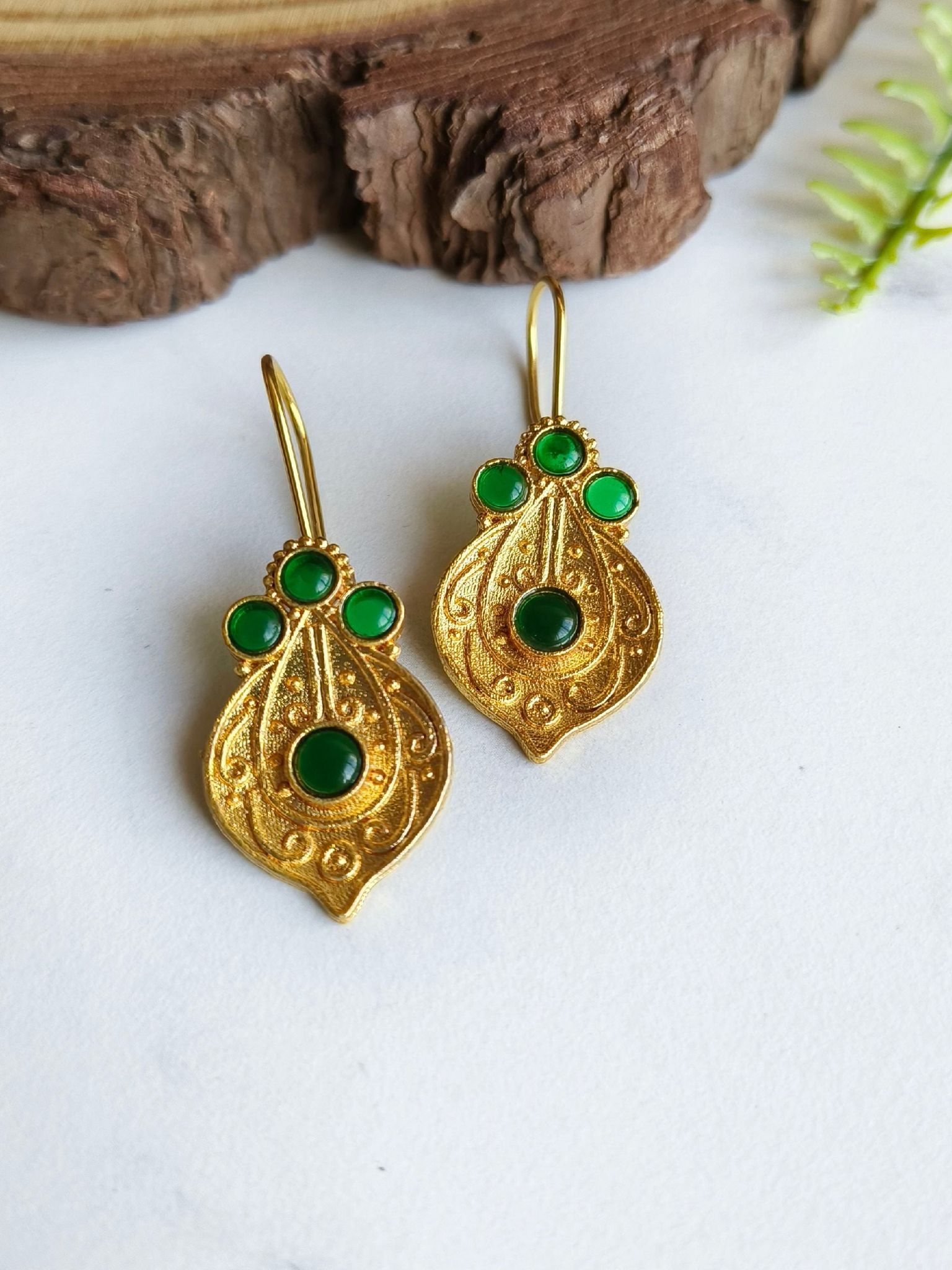 Brass Gold Finish Stone Hook Earrings for Festive Wear | Sarichka-Green