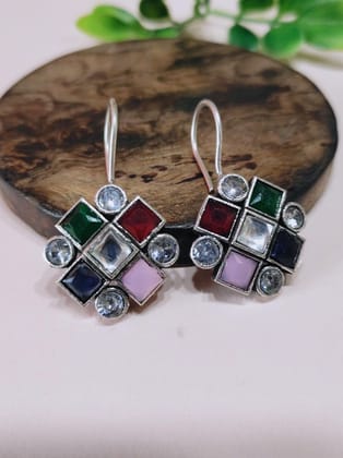 Oxidized Silver Stone Hook Earrings for Elegant Style | Sarichka-Multicolor