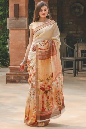 Glorious Peach Color Linen Digital Printed Saree