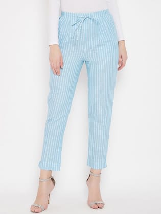 Women Blue Striped Smart Trousers