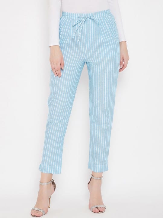 Women Blue Striped Smart Trousers