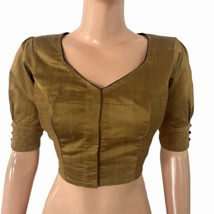 Semi-Raw Silk Sweetheart Neck  Blouse with Puff Sleeves, Lining  & Potli Button Details, Golden Brown ,BS1190-S