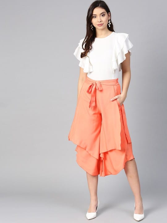 Women Olive Green & Black Ruffled Top with Layered Trousers
