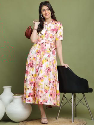Pink Color Tropical Printed Cotton Ethnic Dress-S