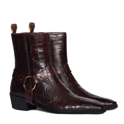 Cuban Heel Dark Brown Boots with Removable Buckle Strap Deep Cut Croco Textured Leather-40/6