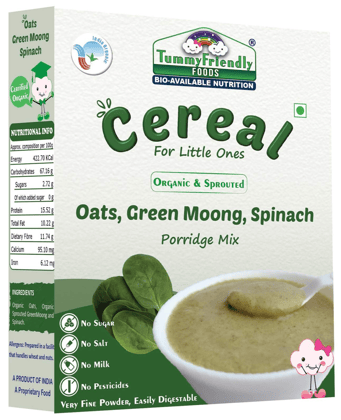 TummyFriendly Foods Certified Organic Oats, Green Moong, Spinach Porridge Mix, Organic Baby Food For 8+ Months, Made of Sprouted Whole Green Moong, Rich in Iron, Protein & Micro-Nutrients, 200 gm