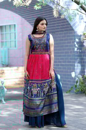 Hand Mirror Work Patola Designer Pink And Navy Sharara Suit-S