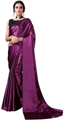 ANSH Womens Satin Solid Saree length (5.5m) & Blouse Piece Size (0.8m) (Purple)