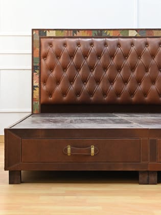 CARUS- WOODEN DOUBLE BED WITH KILIM & LEATHER