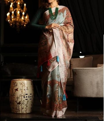 Party Wear Linen Multi color Digital Printed Sari 1024