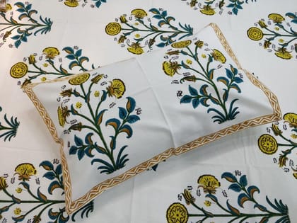 Yellow-Multicolor Handblock Printed Cotton Double Bedcover with Pillow Covers (Set of 3)-10909 - Jaipur Handblocks