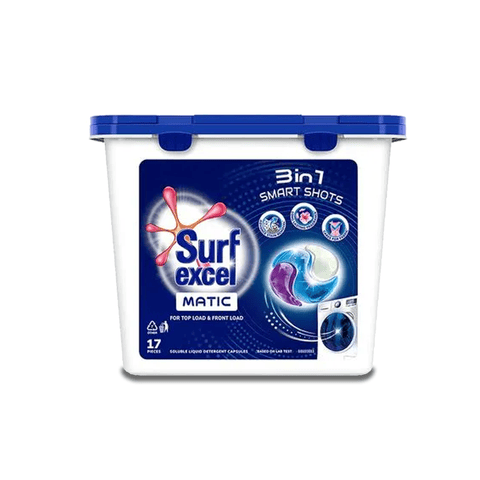 Surf Excel Matic 3 In 1 Smart Shots Soluble Liquid Detergent Capsules For Both Top & Front Load, 442 gm Tub