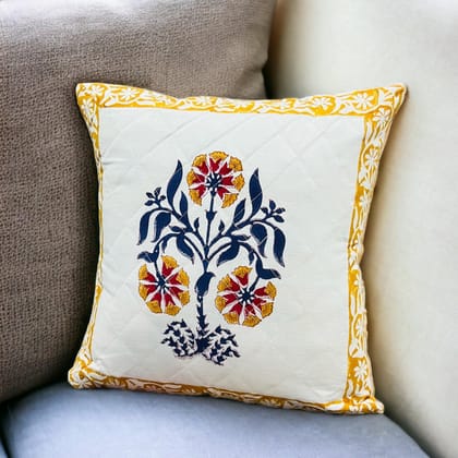 Hand block printed quilted cushion cover 16x16 inches-Single piece