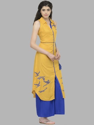 Women Mustard Yellow Ethnic Motifs Embroidered Applique Pathani Kurta