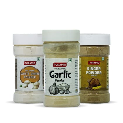 Puramio Sprinkler Jar Combo - (White Onion Powder, Garlic Powder And Ginger Powder, 100 gm - Pack of 3