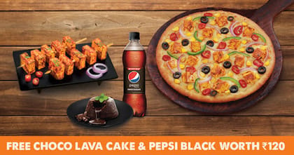 Any Big 10" Pizza + Any Starter [FREE Choco Lava Cake & Pepsi] __ Pan Tossed,Double Cheese Margherita [BIG 10''],Smoked Potato Skewers [10 Pcs],1 FREE Pepsi [250 Ml]