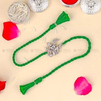 925 Sterling silver Lord Hanuman design pendant Rakhi bracelet Rakshabandhan festival rk333-Green Thread