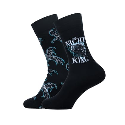 BALENZIA X GAME OF THRONES The Night King & Viserion, the ice dragon Crew Length Socks for Men (Free Size) (Pack of 2 Pairs/1U)Black-Black / Stretchable from 25 cm to 33 cm / 2 N