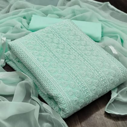 Sequence Daman Work with Chiffone Dupatta Dress Material (Unstitched)-Cyan