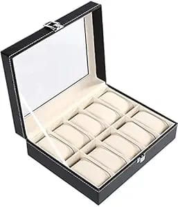 KATHIYAWADI 10 Slot Watch Organizer, Watch Box PU Leather Watch Storage Case, Perfect Birthday Presents Storage Box Case Holder Organizer with Transparent Window