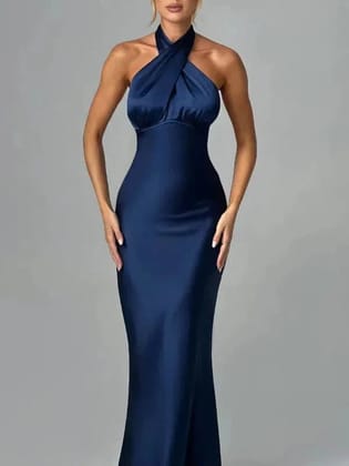 Halterneck Backless Maxi Dress-Navy / M