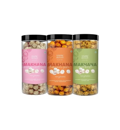 Vishnu Delight Organic Makhana Combo Pack - 3 of 90g Each flavor - Fiery Peri Peri, Mint Masti, Himalayan Salt N Pepper - Crunchy, Deliciously, and Full of Flavorful Indian Spices Snacks