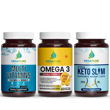 Mind and Body Trio - Multivitamin For Men & Women- 60 Capsules & Double Strength Omega 3 Fish Oil 1000mg- 60 Softgel & Keto Slim Advanced Supports Weight Loss Supplement 60 Capsules (COMBO PACK)