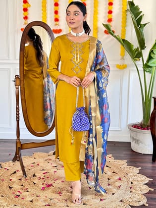 Women Viscose Chanderi Embroidered Straight Kurta with pant and dupatta sets-S