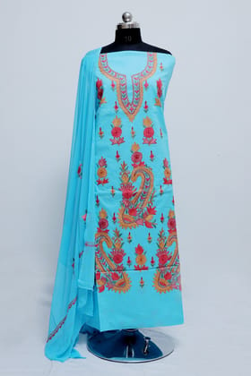 Blue Colour Designer Aari Work Suit  With  Floral Motif Pattern .-Cool Cotton / 5 meters / Dry Clean only