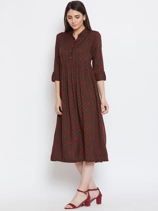 Brown Checked A-Line Dress