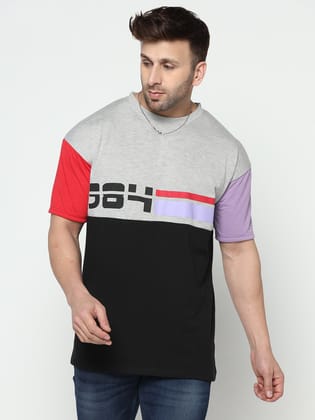 Gritstones Oversized Men Grey & Black Half Sleeve Colorblocked T-Shirt
