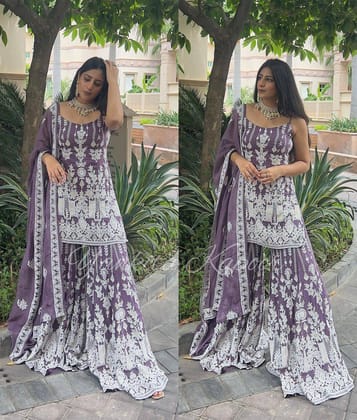 Amazing Embroidery With Diamond Work Lavender Sharara Suit-M