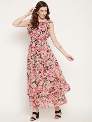 Women Off White & Red Floral Georgette Layered Maxi Dress