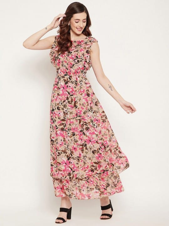 Women Off White & Red Floral Georgette Layered Maxi Dress