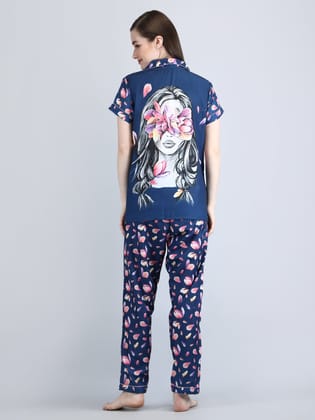 Women's Lounge Wear Night Suit Swiss cotton-Attractive Digital Print -Blue-M